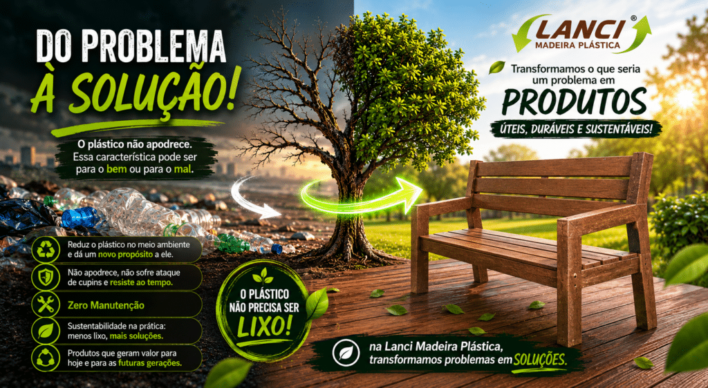 Banco em madeira plástica reciclada representando a transformação do plástico em solução sustentável.