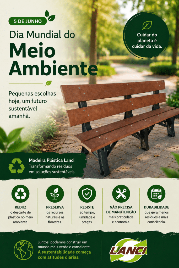 Banco em madeira plástica reciclada da Lanci no Dia Mundial do Meio Ambiente