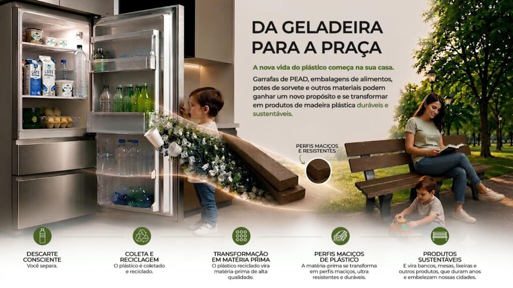 Da geladeira para a praça: reciclagem do plástico transformado em madeira plástica